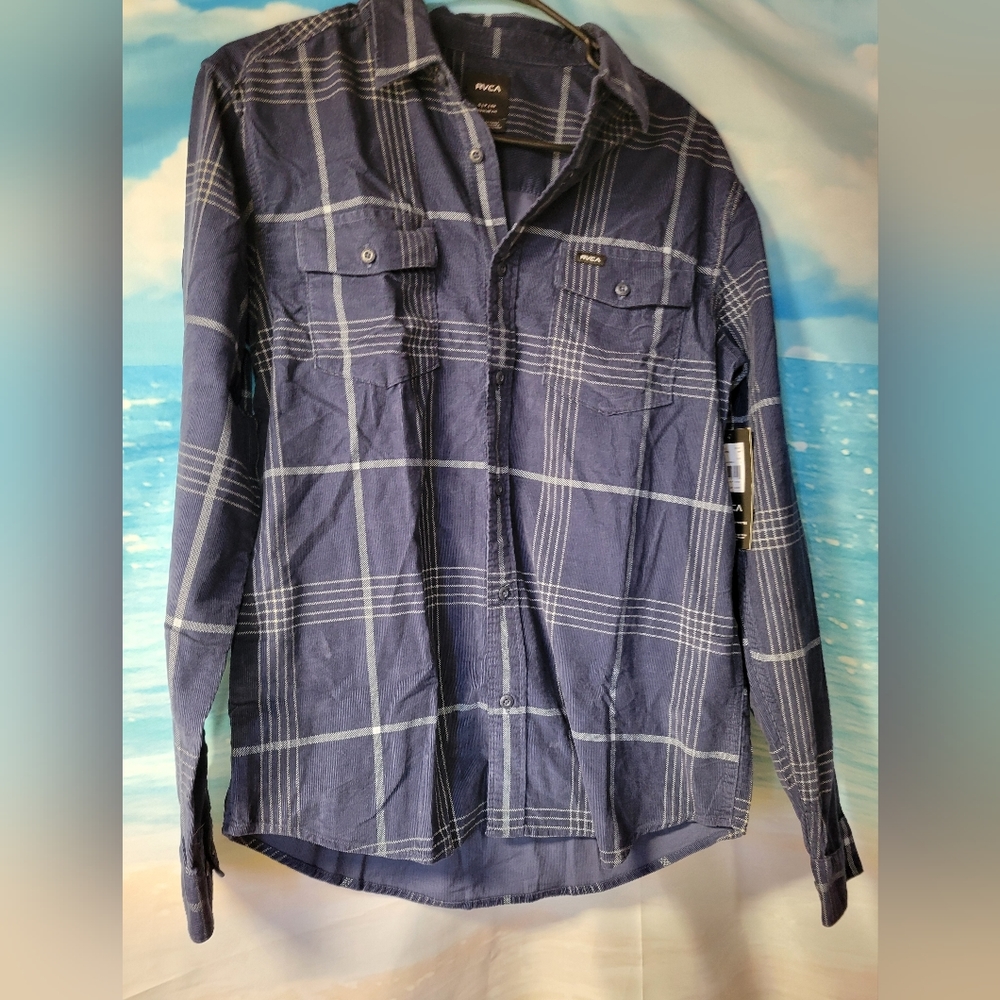 RVCA NWT Blue Walk Corduroy Long Sleeve Button Down Shirt Size Small Mens